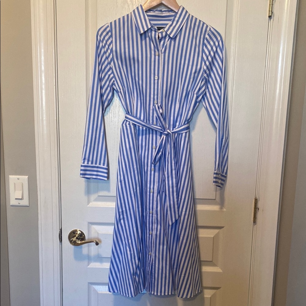 Blue Midi Shirt Dress with Long Cuffed Sleeves and Tie Front